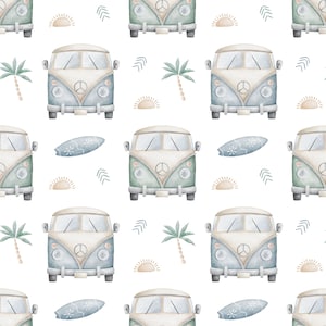 May include: A seamless pattern featuring watercolour illustrations of vintage green and blue camper vans, palm trees, surfboards, and suns. The pattern is perfect for creating a fun and whimsical design for fabric, wallpaper, or wrapping paper.
