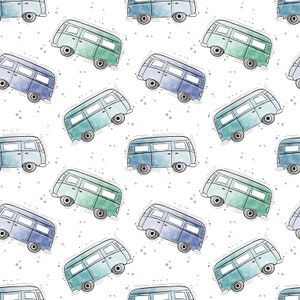 May include: A repeating pattern featuring watercolour-style camper vans in shades of blue and green on a white background. The vans are outlined in black and have small, grey wheels. Small blue dots are scattered around.
