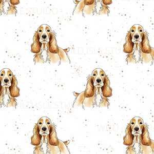 May include: A repeating pattern featuring watercolor illustrations of Cocker Spaniel dogs. The dogs are depicted in a seated position with their characteristic long, floppy ears and expressive eyes. The background is white with scattered brown speckles.