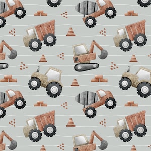 以下が含まれることがあります： 薄いグレーの背景に、茶色、オレンジ、グレーの色合いの様々な建設車両が描かれたシームレスなパターン。車両には、セメントミキサー、ダンプトラック、ショベルカー、トラクターが含まれています。パターンは画像全体に繰り返されます。