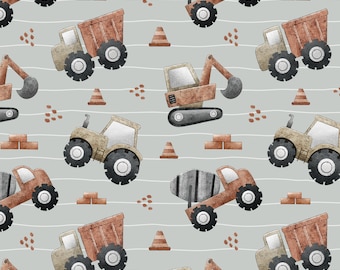 Construction pattern digital file, Tractor, dump truck, digger seamless pattern, boys vehicle design, Non-Exclusive, grey lines background