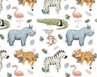 May include: A seamless pattern featuring a variety of jungle animals, including a zebra, rhinoceros, leopard, flamingo, monkey, and crocodile. The animals are illustrated in a watercolour style with a white background.