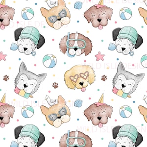 Könnte beinhalten: Ein nahtloses Muster mit verschiedenen Hunderassen, die sommerliche Accessoires tragen. Die Hunde sind im Cartoon-Stil mit Aquarelltexturen illustriert. Der Hintergrund ist weiß mit bunten Punkten und anderen sommerlichen Elementen wie Muscheln, Strandbällen und Pfotenabdrücken.