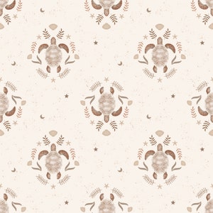 May include: A seamless pattern featuring brown watercolour illustrations of sea turtles, seashells, starfish, and leaves on a beige background with a speckled texture.