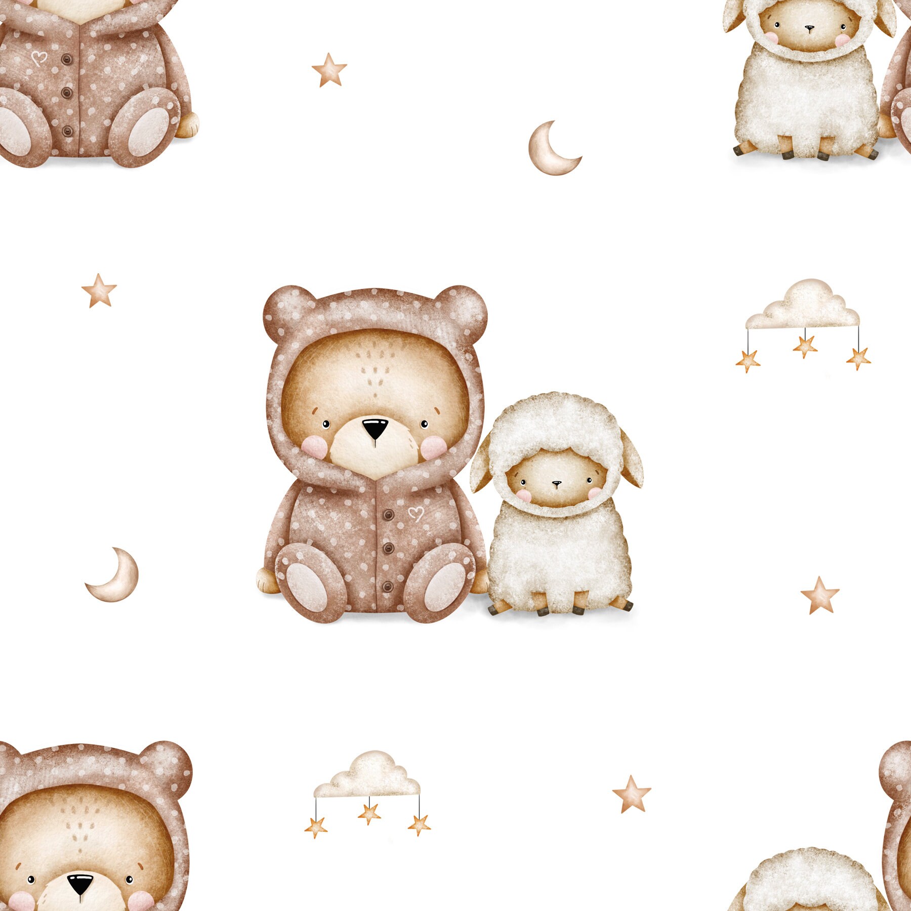 Bedtime Teddy Seamless Pattern, Sheep and Bear Fabric Design, Baby ...