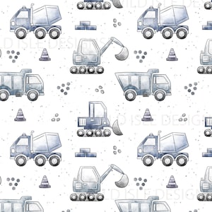 May include: A seamless pattern featuring watercolor illustrations of construction vehicles in shades of blue and gray. The pattern includes dump trucks, cement mixers, excavators, and traffic cones on a white background with a subtle speckled texture.