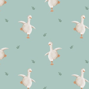 May include: A seamless pattern featuring white geese with orange beaks and legs walking on a light blue background with green leaves.