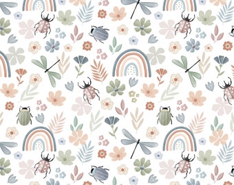 Spring garden seamless pattern, digital download, bug, dragonfly floral design, non exclusive white background