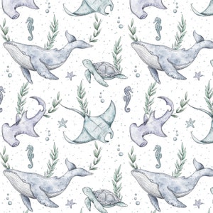 Fichier numérique motif océan sans couture, conception de tissu sous la mer, baleine, requin pour enfants sans couture, non exclusif, fond blanc
