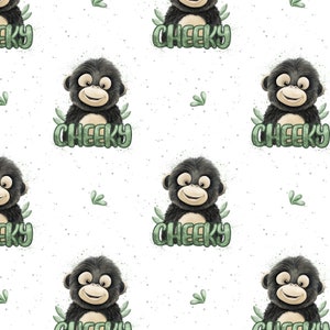 Könnte beinhalten: Nahtloses Muster mit Cartoon-Affen mit dem Wort "CHEEKY" in Grün. Die Affen haben schwarzes Fell und lächelnde Gesichter, umgeben von grünen Blättern. Der Hintergrund ist weiß mit kleinen grauen Sprenkeln.