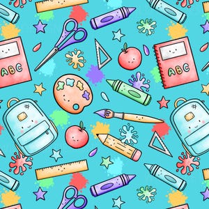 May include: A seamless pattern featuring a variety of colorful school supplies, including a backpack, crayons, a paint palette, scissors, a pencil, a ruler, an apple, and a notebook with the letters "ABC" on the cover. The background is a light blue color.