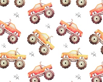 May include: Watercolor pattern featuring orange and yellow monster trucks with large tires and exhaust pipes. The trucks are set against a white background with scattered silver star accents. This design is suitable for children's products.