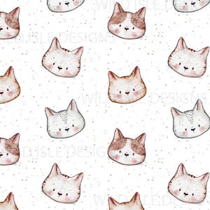 May include: A seamless pattern featuring watercolour illustrations of cat faces in various colours, including brown, white, and grey. The cat faces are set against a white background with a subtle speckled texture.