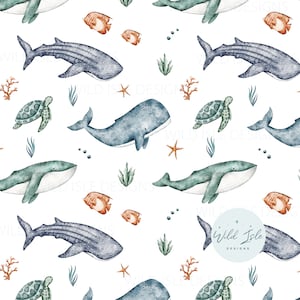 May include: Seamless pattern featuring watercolor illustrations of various sea creatures, including whales, a whale shark, sea turtles, and starfish. The background is white with a light blue and green color scheme.