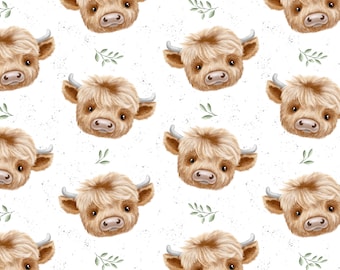 Highland Cow Fabric, Baby Animal Seamless Pattern (JPEG)