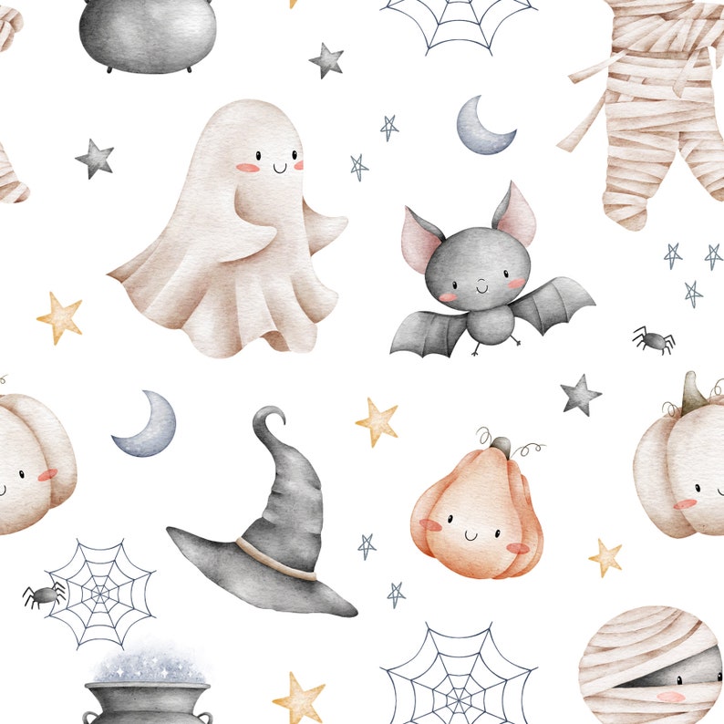May include: A seamless pattern featuring various Halloween characters and objects, including a ghost, a bat, a witch's hat, a cauldron, a mummy, pumpkins, and spiderwebs. The design is rendered in a watercolor style with soft colors and whimsical details.