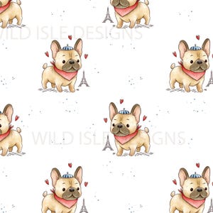 May include: A repeating pattern featuring cartoon French Bulldogs wearing berets and bandanas, with Eiffel Tower illustrations and small red hearts on a white background. The text "WILD ISLE DESIGNS" is also present.