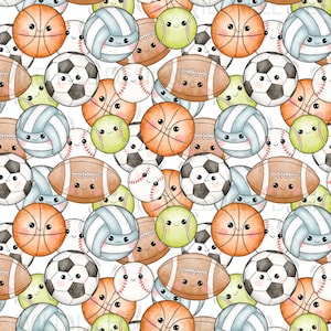 Op de afbeelding: Een herhalend patroon van verschillende sportballen met lachende gezichten. Het ontwerp omvat basketballen, volleybalballen, voetballen, honkballen, American footballs en tennisballen in tinten oranje, bruin, groen, wit en grijs.
