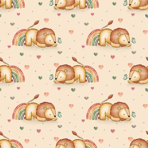 May include: A repeating pattern with watercolour illustrations of a lion, rainbow, butterfly, hearts, and dots. The lion is brown with a tan face and a fluffy mane. The rainbow has pastel colours. The background is a light tan colour.
