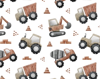Construction Vehicles Seamless Pattern, Tractor Digger Truck Design (Digital File)