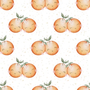 May include: A seamless pattern featuring watercolour illustrations of orange fruit with cute faces and white blossoms. The oranges are arranged in pairs, with each pair facing each other. The background is a light beige with white dots.