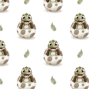 Könnte beinhalten: Ein nahtloses Muster mit grünen Baby-Dinosauriern, die aus gefleckten weißen Eiern schlüpfen. Jeder Dinosaurier hat ein zahniges Grinsen und ist von grünen Farnblättern umgeben.