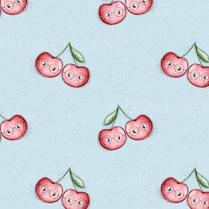 May include: A seamless pattern featuring red cherries with black eyes and glasses on a light blue background with white polka dots.