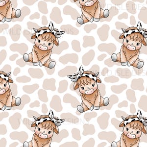 Hand drawn Cute girl highland cow seamless pattern file girls pink bow design, Children's Seamless, Non-Exclusive, White print background