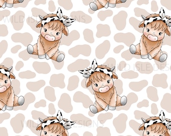 Hand drawn Cute girl highland cow seamless pattern file girls pink bow design, Children's Seamless, Non-Exclusive, White print background