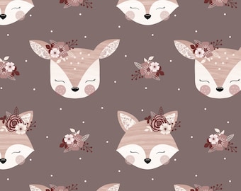 Woodland Floral deer seamless pattern digital file, Fox Fabric Design, Baby Seamless Pattern, Non-Exclusive, Pink/taupe/brown background