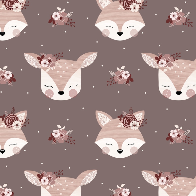 Woodland Floral deer seamless pattern digital file, Fox Fabric Design, Baby Seamless Pattern, Non-Exclusive, Pink/taupe/brown background image 1