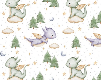 Dragon seamless pattern, baby digital file, Celestial Fabric Design, Star Seamless, Non-Exclusive, White Back ground
