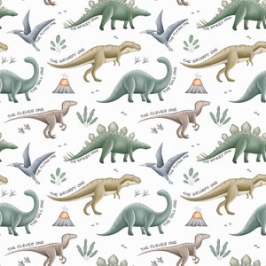 May include: A seamless pattern featuring various dinosaurs in a watercolour style. The dinosaurs are green, brown, and blue. The pattern includes text that describes each dinosaur, such as "The Spiky One" and "The Grumpy One".