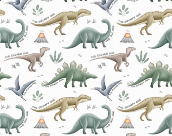 May include: A seamless pattern featuring various dinosaurs in a watercolor style. The dinosaurs are green, brown, and blue. The pattern includes text that describes each dinosaur, such as "The Spiky One" and "The Grumpy One".