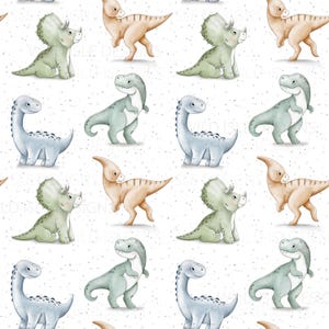 Könnte beinhalten: Ein nahtloses Muster mit verschiedenen Dinosauriern in verschiedenen Farben, darunter Grün, Blau und Orange. Die Dinosaurier sind im Cartoon-Stil dargestellt und vor einem weißen Hintergrund mit einer dezenten, gesprenkelten Textur platziert.