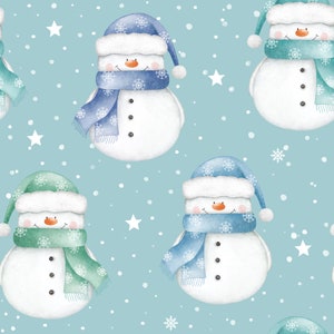 Snowman seamless pattern, Merry Christmas Fabric Design, Baby Seamless Pattern, Children's Seamless, Non-Exclusive, Blue snow background image 2