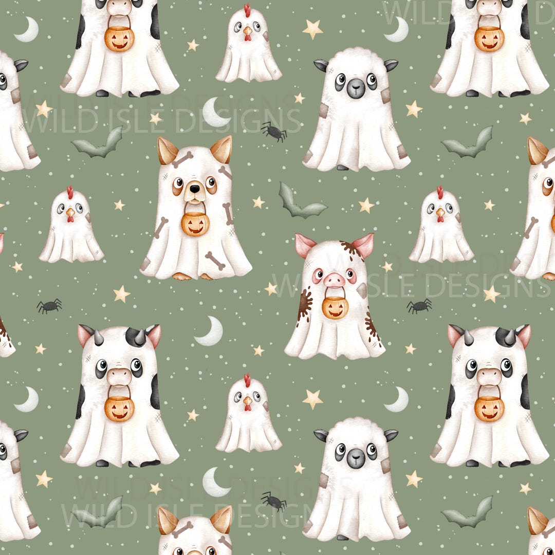 Halloween Farm Seamless Pattern Design File, Ghost Fabric Design ...