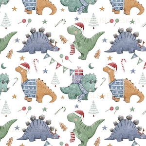 Könnte beinhalten: Ein nahtloses Muster mit Aquarell-Illustrationen von Dinosauriern, die Weihnachtsmützen und Pullover tragen. Die Dinosaurier sind von Weihnachtsdekorationen umgeben, darunter Zuckerstangen, Lebkuchen und Weihnachtsbäume.