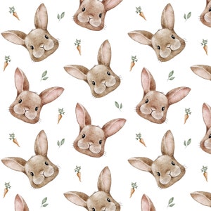 May include: A seamless pattern featuring watercolor illustrations of brown bunnies with long ears and carrots on a white background.