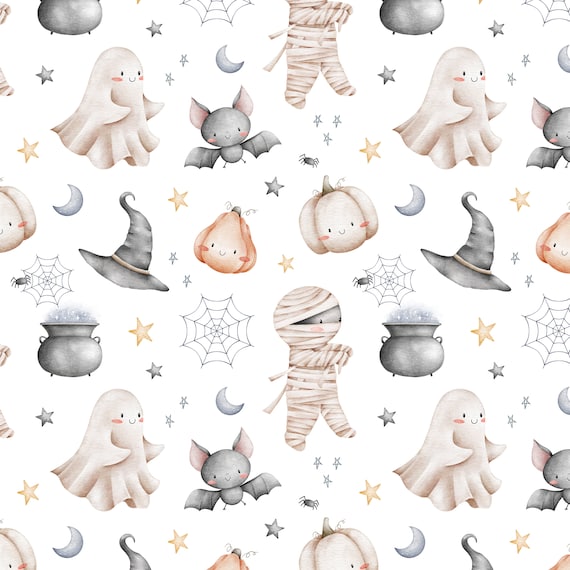 Happy Halloween seamless pattern design file, ghost Fabric Design, Spooky Ghouls, pumpkin, bat, Non-Exclusive, White background