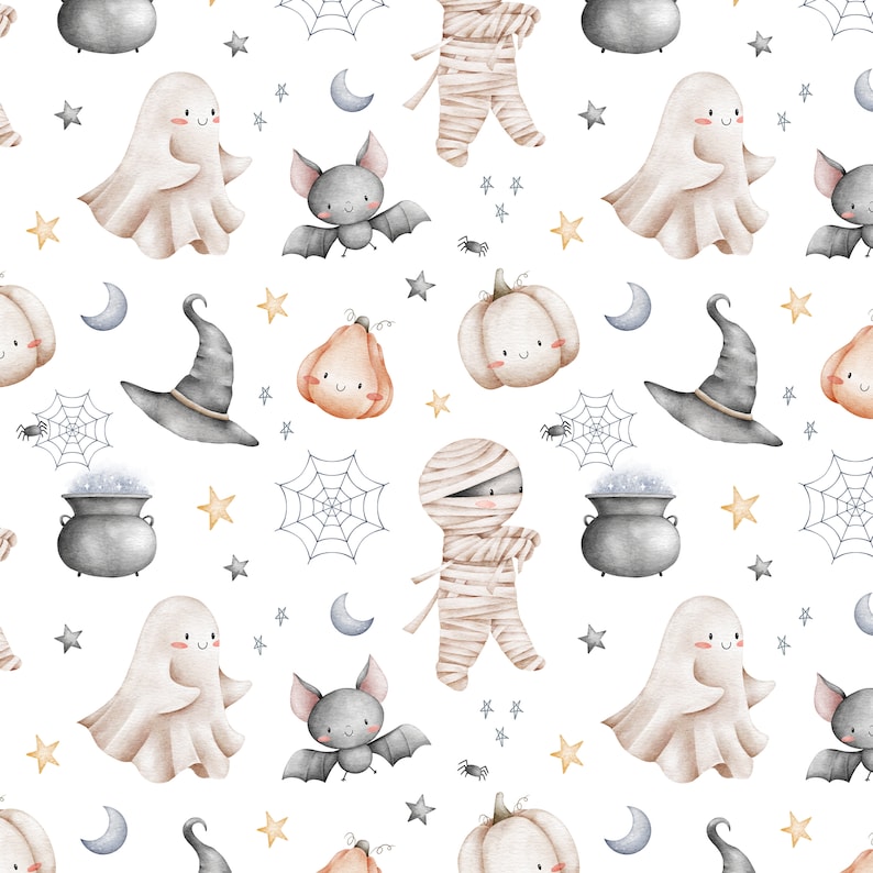 May include: A seamless pattern featuring watercolor illustrations of Halloween characters and objects. The pattern includes ghosts, bats, pumpkins, mummies, witches' hats, cauldrons, and spiderwebs. The background is white with yellow stars.