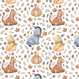 Autumn Classic honey bear seamless pattern digital file, fall Fabric Design, donkey, tiger, pig Children&#39;s, Non-Exclusive, white background