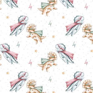Padrão digital sem costura de super-herói Dino para download, design de tecido T-rex, dinossauro infantil sem costura, não exclusivo, fundo branco