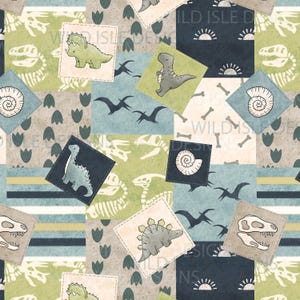Könnte beinhalten: Ein Patchwork-Design mit Quadraten, die Dinosaurier-Illustrationen, Fossilien und Silhouetten in Grün-, Blau- und Beigetönen zeigen. Der Text "WILD ISLE DESIGNS" ist sichtbar. Das Design umfasst verschiedene Dinosaurierarten und prähistorische Elemente.