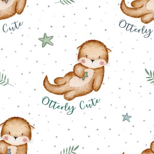 K&ouml;nnte beinhalten: Ein nahtloses Muster mit niedlichen Cartoon-Ottern, die gr&uuml;ne Bl&auml;tter halten. Der Hintergrund ist wei&szlig; mit grauen Punkten und gr&uuml;nen Sternen. Der Text "Otterly Cute" und "Cute" ist in gr&uuml;n geschrieben.