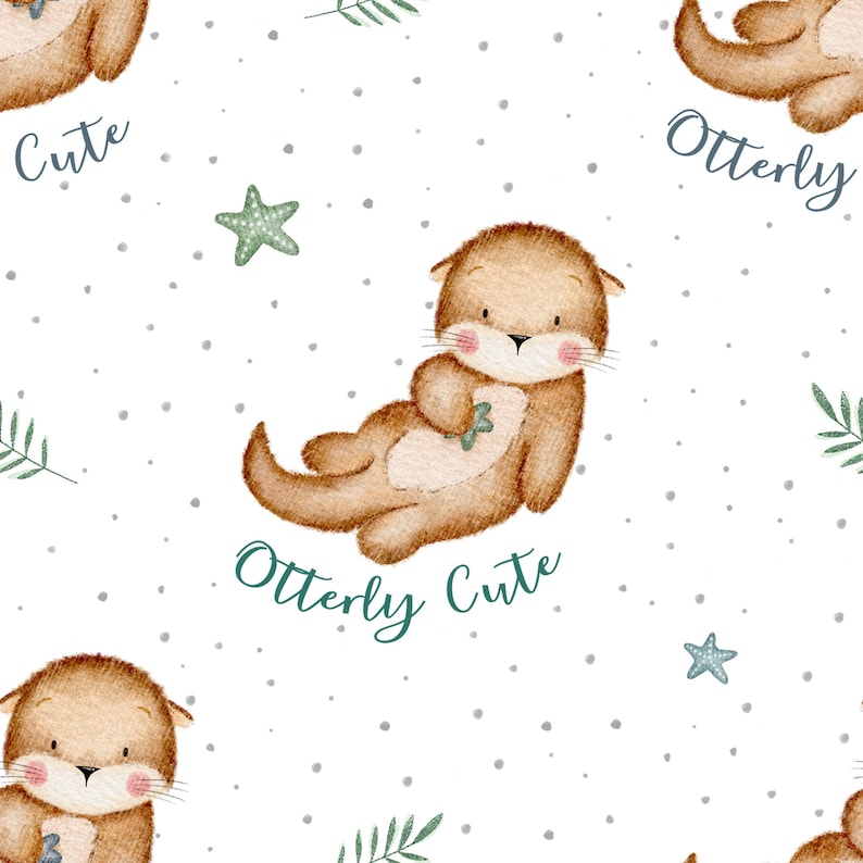 K&ouml;nnte beinhalten: Ein nahtloses Muster mit niedlichen Cartoon-Ottern, die gr&uuml;ne Bl&auml;tter halten. Der Hintergrund ist wei&szlig; mit grauen Punkten und gr&uuml;nen Sternen. Der Text "Otterly Cute" und "Cute" ist in gr&uuml;n geschrieben.