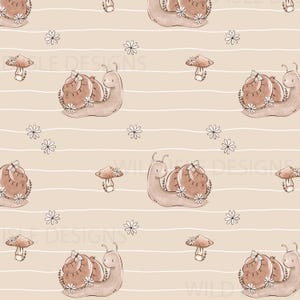 May include: A repeating pattern featuring whimsical snails with floral accents, mushrooms, and daisies on a beige background with white horizontal stripes. The snails have brown shells and are decorated with flowers and butterflies.