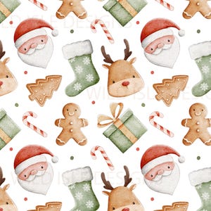 Puede incluir: Un patrón sin costuras que presenta una variedad de ilustraciones con temática navideña, que incluyen Papá Noel, renos, hombres de jengibre, bastones de caramelo, árboles de Navidad y calcetines. Las ilustraciones están pintadas en un estilo acuarela y se colocan sobre un fondo blanco.