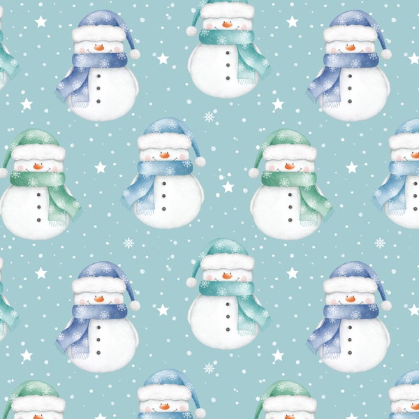 Snowman seamless pattern, Merry Christmas Fabric Design, Baby Seamless Pattern, Children's Seamless, Non-Exclusive, Blue snow background