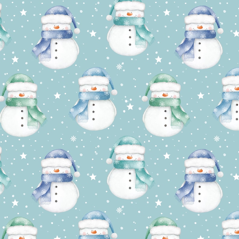 Snowman seamless pattern, Merry Christmas Fabric Design, Baby Seamless Pattern, Children's Seamless, Non-Exclusive, Blue snow background image 1